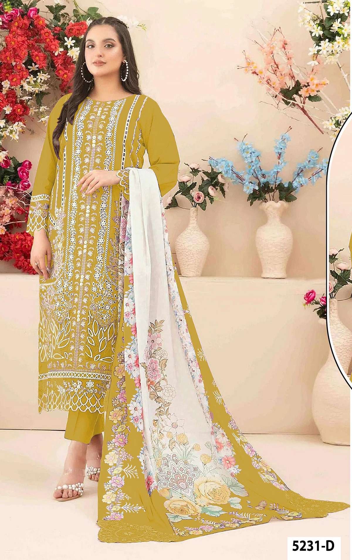 DESIGNER WEDDING PARTY WEAR CAMBRIC COTTON YELLOW PAKISTANI SALWAR SUIT JG 5231 D