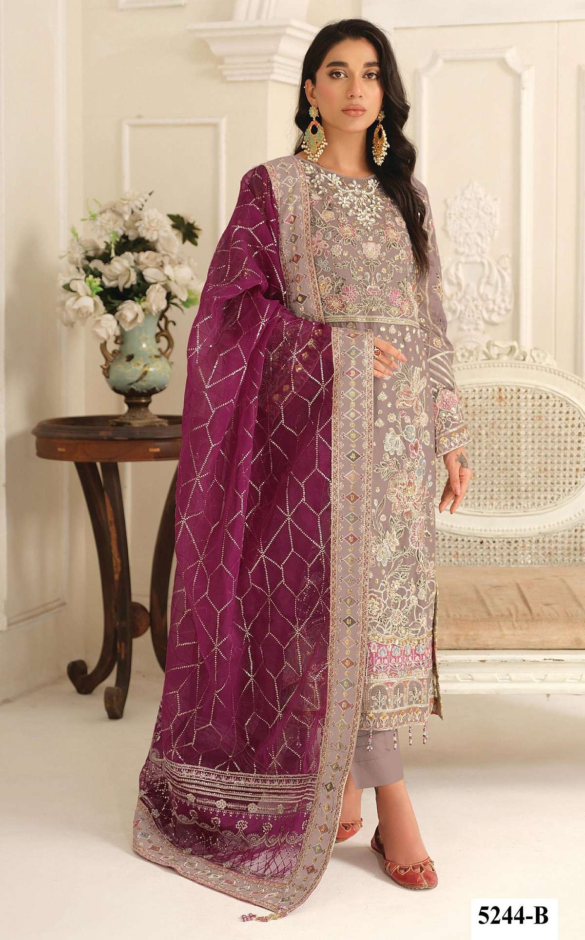 DESIGNER WEDDING PARTY WEAR CHIFFON PINK PAKISTANI SALWAR SUIT JG 5244 B