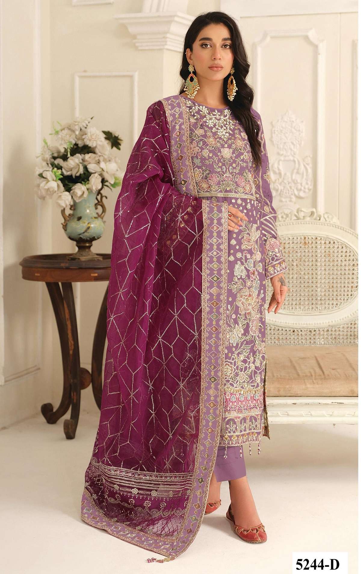 DESIGNER WEDDING PARTY WEAR CHIFFON PURPLE PINK PAKISTANI SALWAR SUIT JG 5244 D