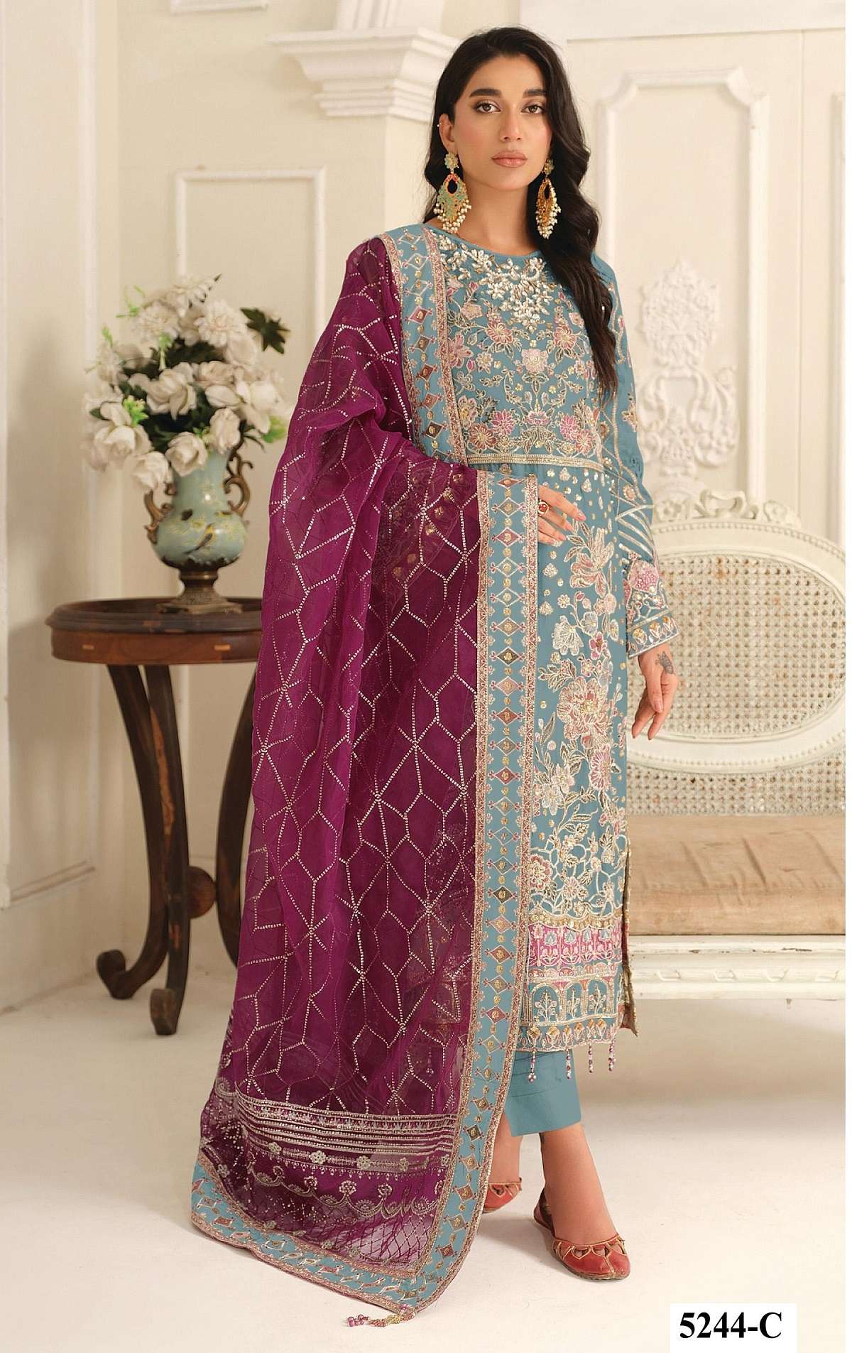 DESIGNER WEDDING PARTY WEAR CHIFFON SKY BLUE PAKISTANI SALWAR SUIT JG 5244 C