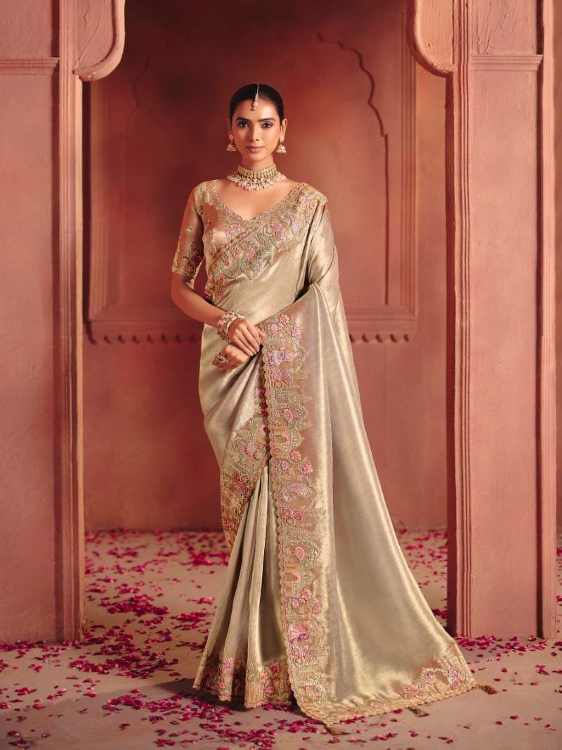 DESIGNER WEDDING PARTY WEAR CHIKU SILK SAREE WITH THREAD SEQUENCE WORK COLLECTION SM TATHASTU 8305