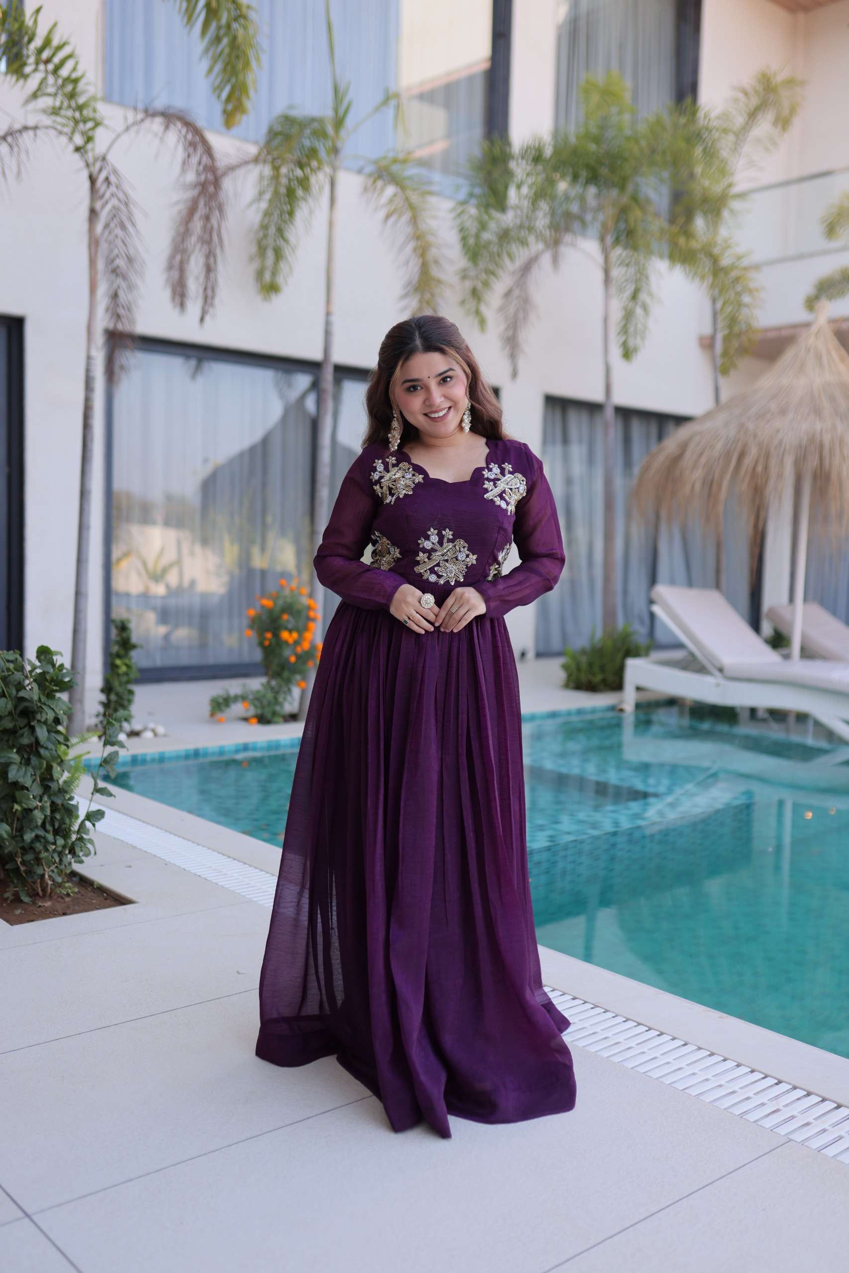 DESIGNER WEDDING PARTY WEAR CRUNCY SILK BEADS WORK PURPLE ANARKALI SALWAR SUIT KU 1222 A