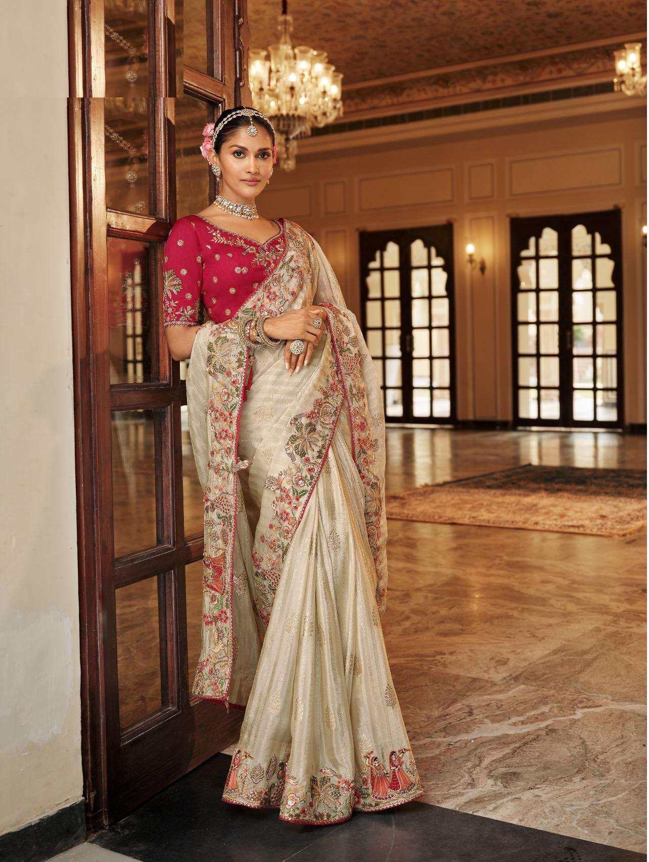 DESIGNER WEDDING PARTY WEAR FANCY BEIGE SILK SAREE WITH THREAD SEQUENCE WORK COLLECTION SM TATHASTU 7806