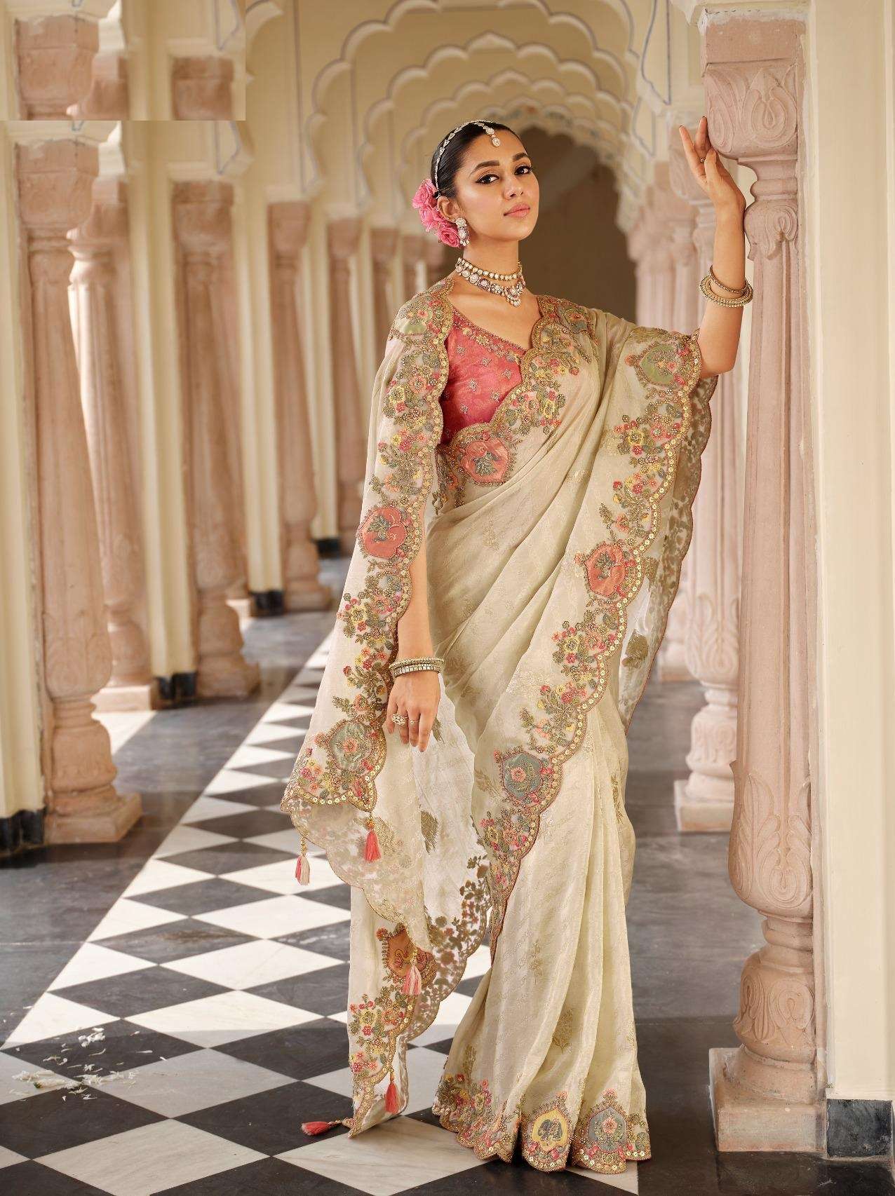 DESIGNER WEDDING PARTY WEAR FANCY BEIGE SILK SAREE WITH THREAD SEQUENCE WORK COLLECTION SM TATHASTU 7809