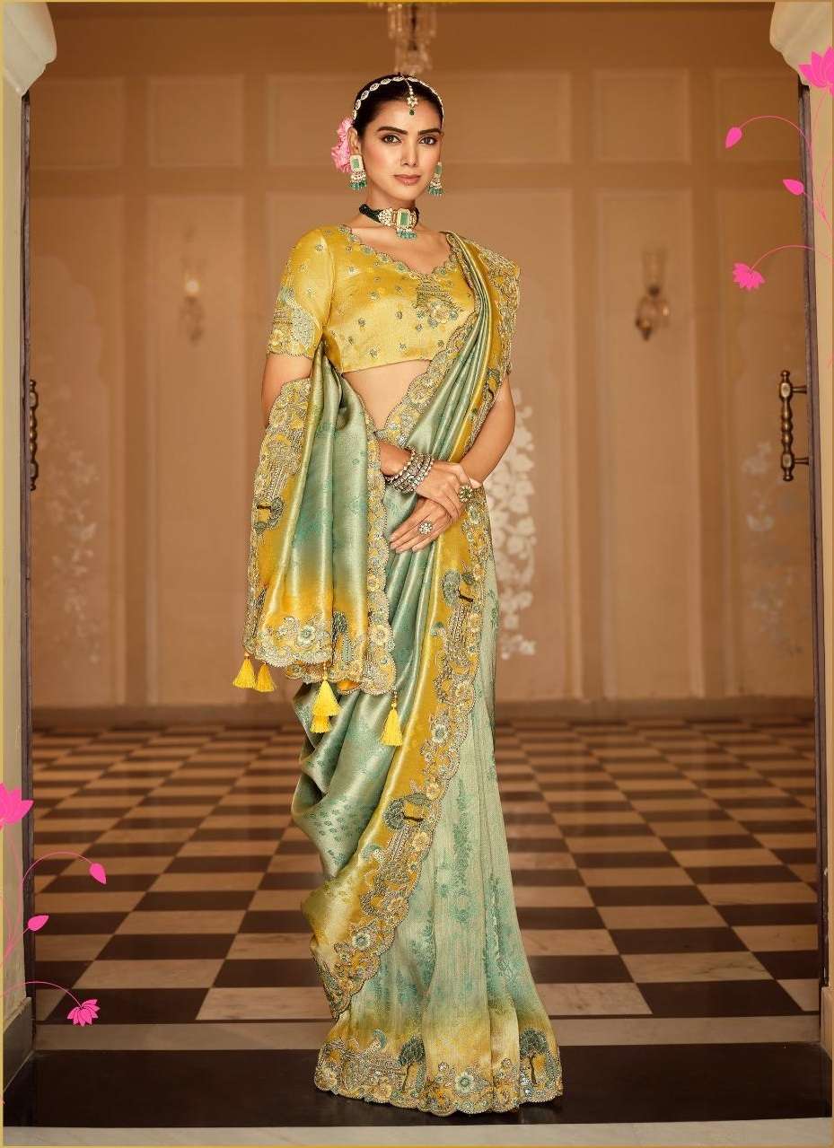 DESIGNER WEDDING PARTY WEAR FANCY GREEN SILK SAREE WITH THREAD SEQUENCE WORK COLLECTION SM TATHASTU 7801