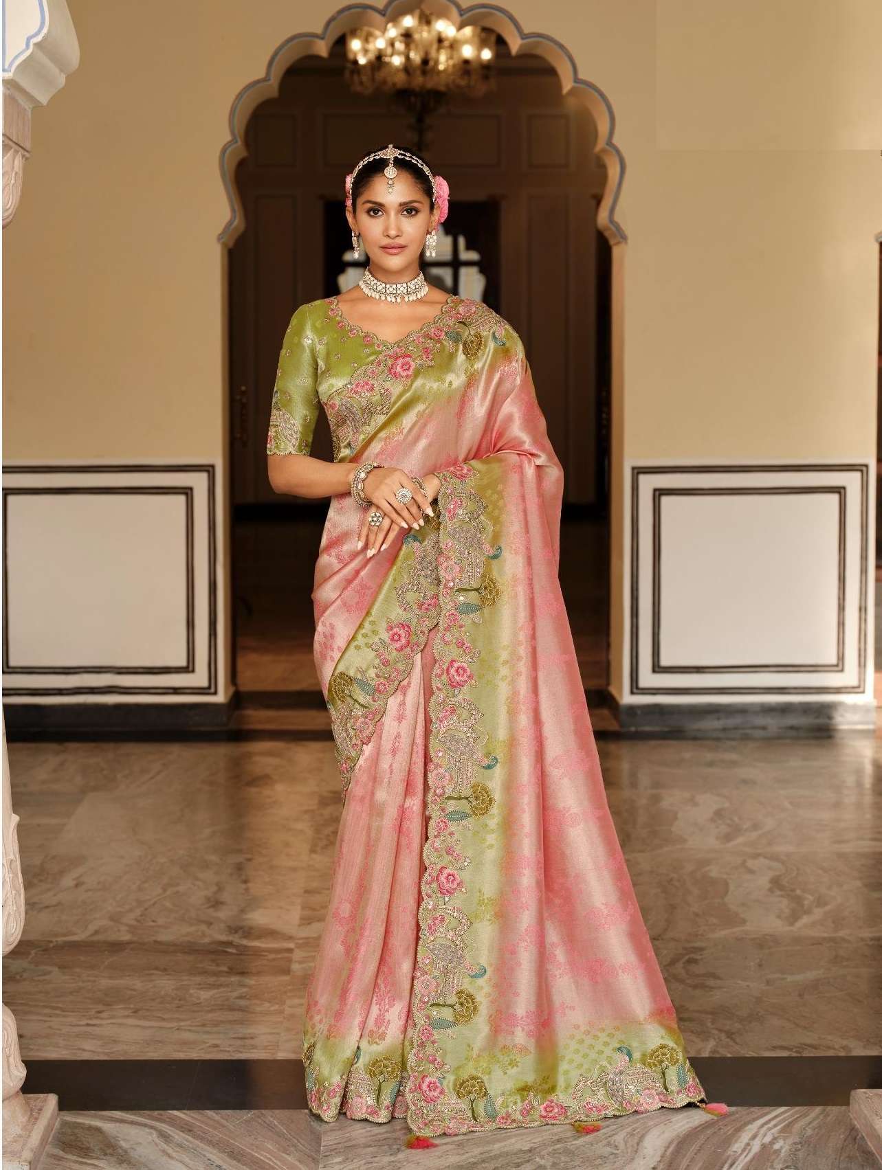 DESIGNER WEDDING PARTY WEAR FANCY PEACH SILK SAREE WITH THREAD SEQUENCE WORK COLLECTION SM TATHASTU 7802