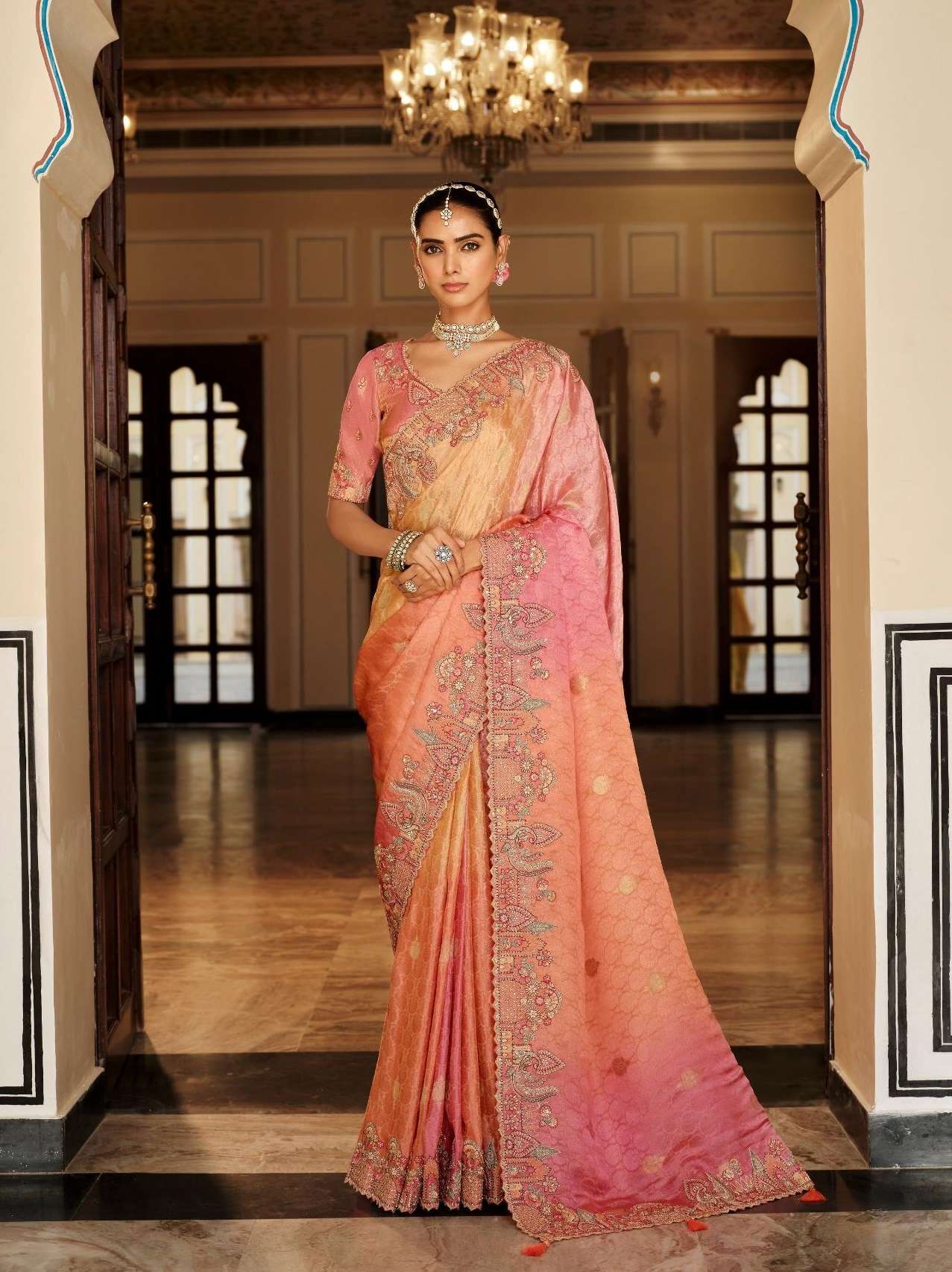 DESIGNER WEDDING PARTY WEAR FANCY PINK SILK SAREE WITH THREAD SEQUENCE WORK COLLECTION SM TATHASTU 7803