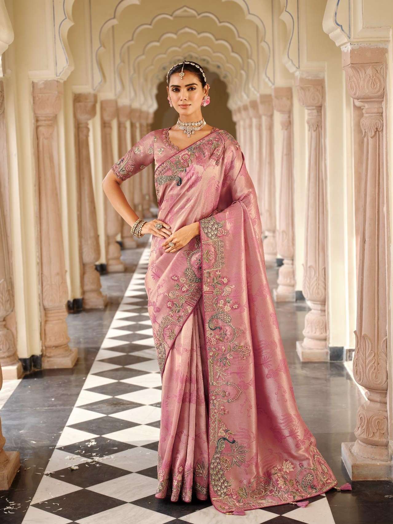 DESIGNER WEDDING PARTY WEAR FANCY PINK SILK SAREE WITH THREAD SEQUENCE WORK COLLECTION SM TATHASTU 7808