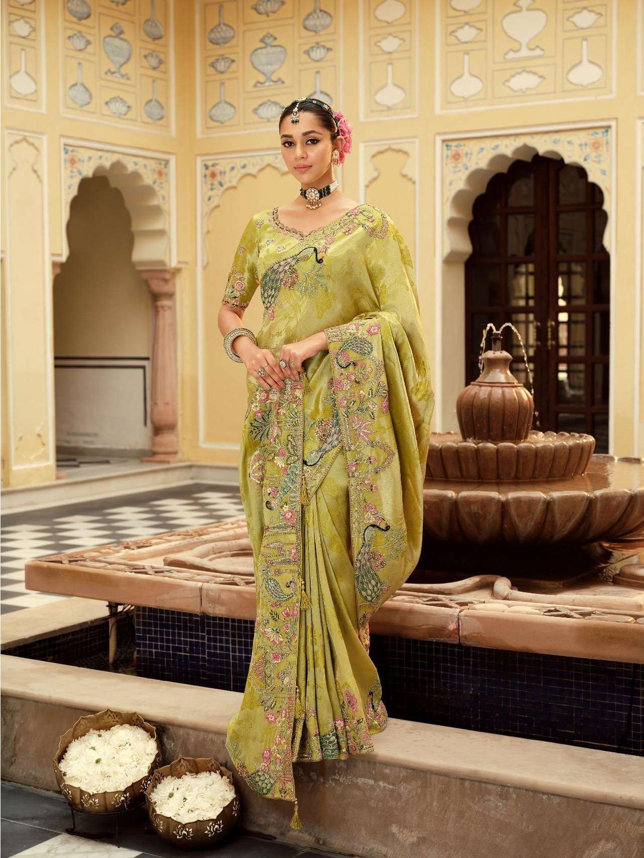 DESIGNER WEDDING PARTY WEAR FANCY SILK GREEN SAREE WITH THREAD SEQUENCE WORK COLLECTION SM TATHASTU 7807