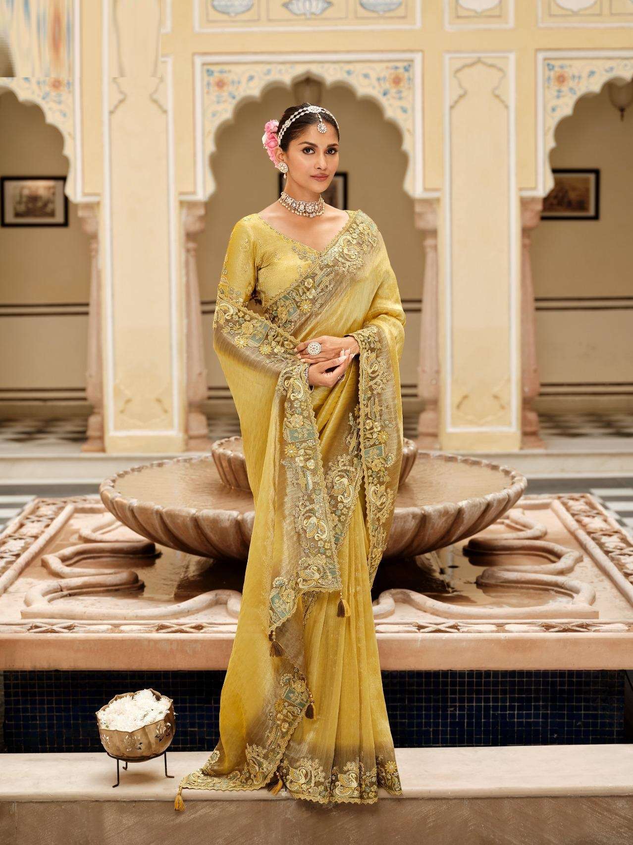 DESIGNER WEDDING PARTY WEAR FANCY SILK YELLOW SAREE WITH THREAD SEQUENCE WORK COLLECTION SM TATHASTU 7810