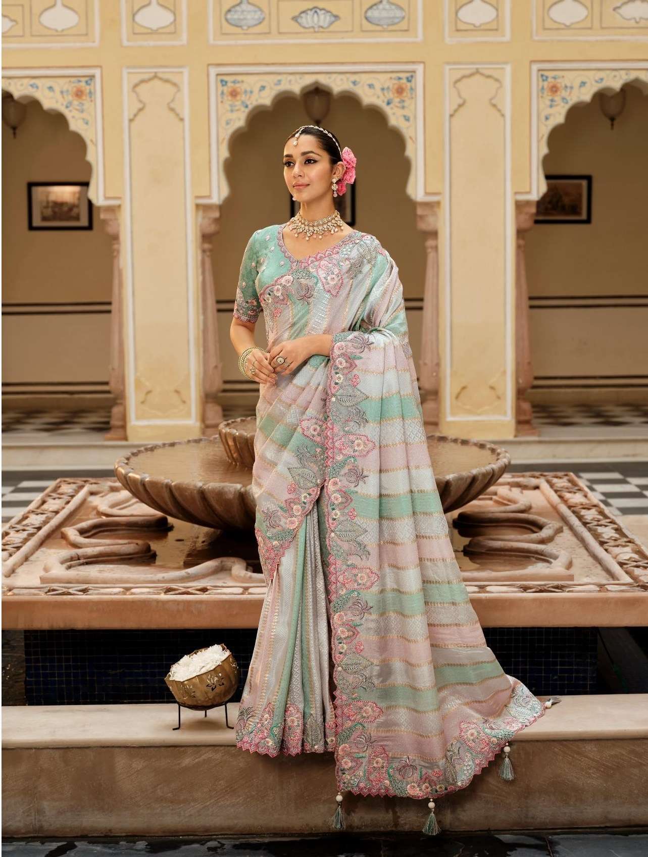 DESIGNER WEDDING PARTY WEAR FANCY WHITE SILK SAREE WITH THREAD SEQUENCE WORK COLLECTION SM TATHASTU 7812