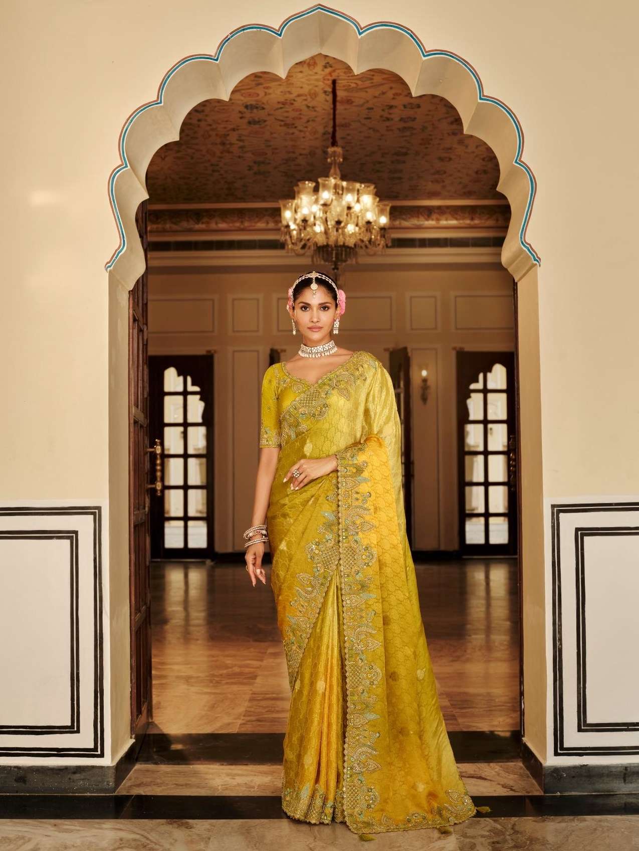 DESIGNER WEDDING PARTY WEAR FANCY YELLOW SILK SAREE WITH THREAD SEQUENCE WORK COLLECTION SM TATHASTU 7804