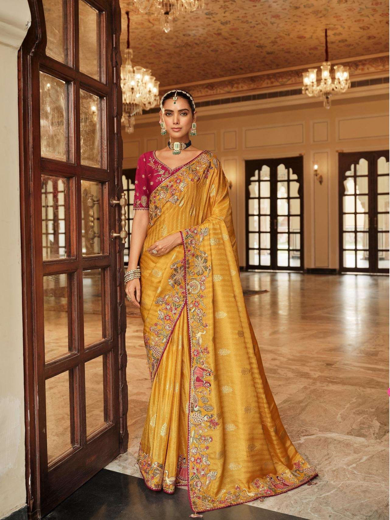 DESIGNER WEDDING PARTY WEAR FANCY YELLOW SILK SAREE WITH THREAD SEQUENCE WORK COLLECTION SM TATHASTU 7805
