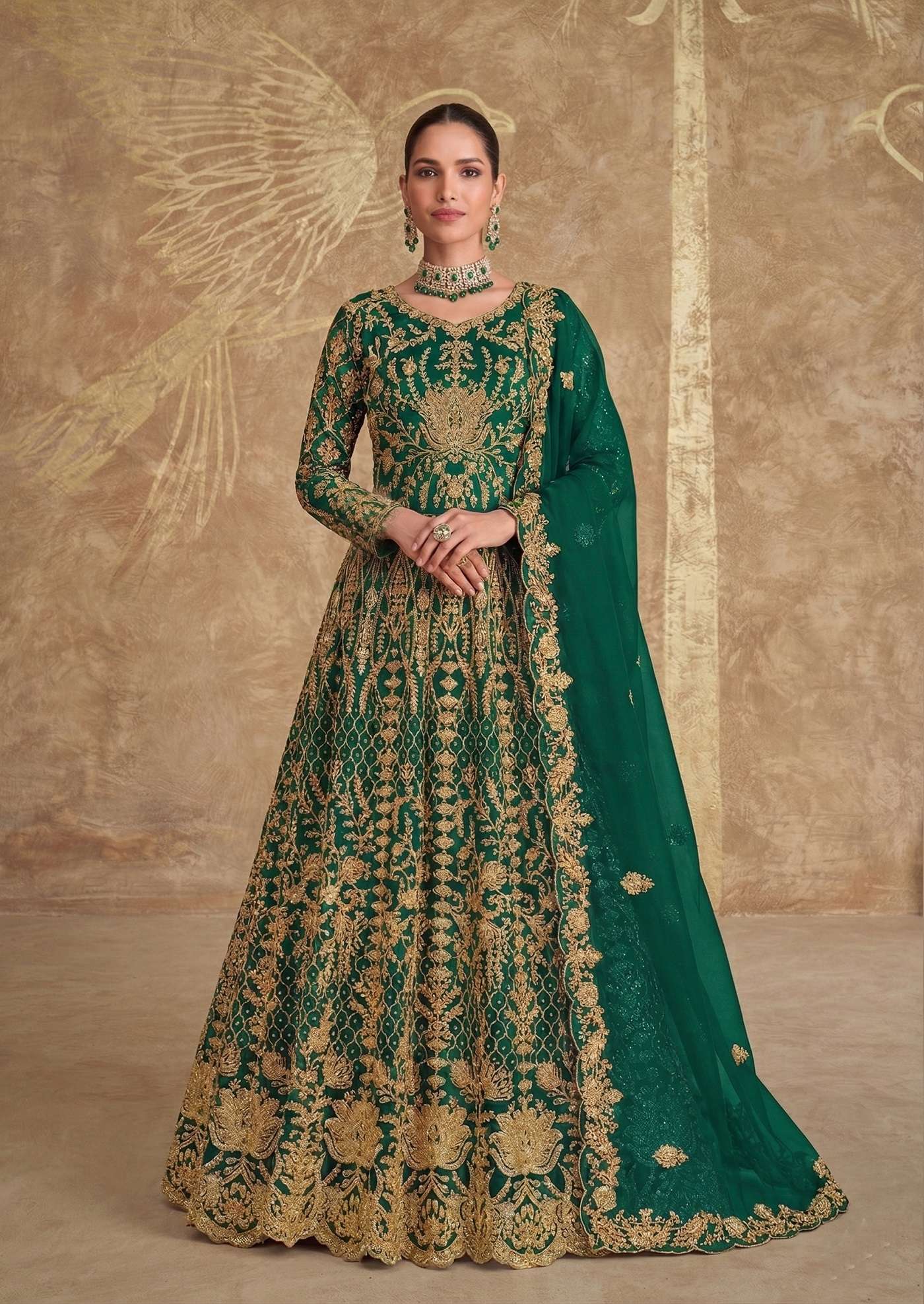 DESIGNER WEDDING PARTY WEAR GREEN ANARKALI SALWAR SUIT LONG GOWN IN BUTTERFLY NET SN 1094 B