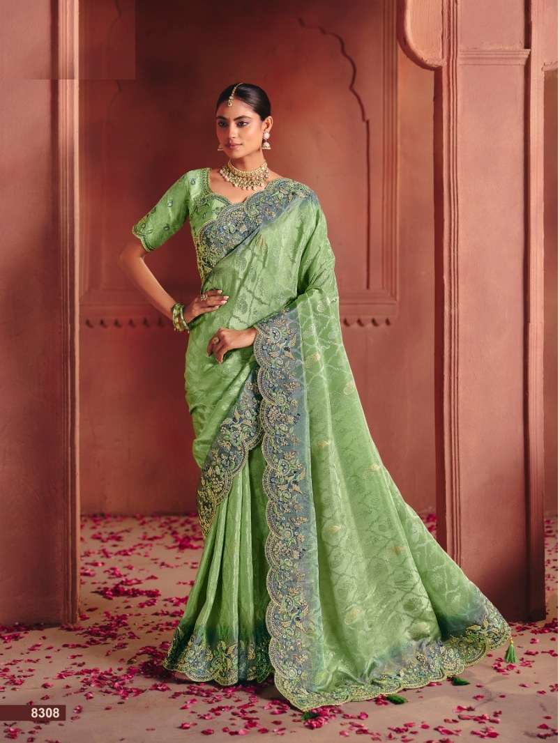 DESIGNER WEDDING PARTY WEAR GREEN SILK SAREE WITH THREAD SEQUENCE WORK COLLECTION SM TATHASTU 8308