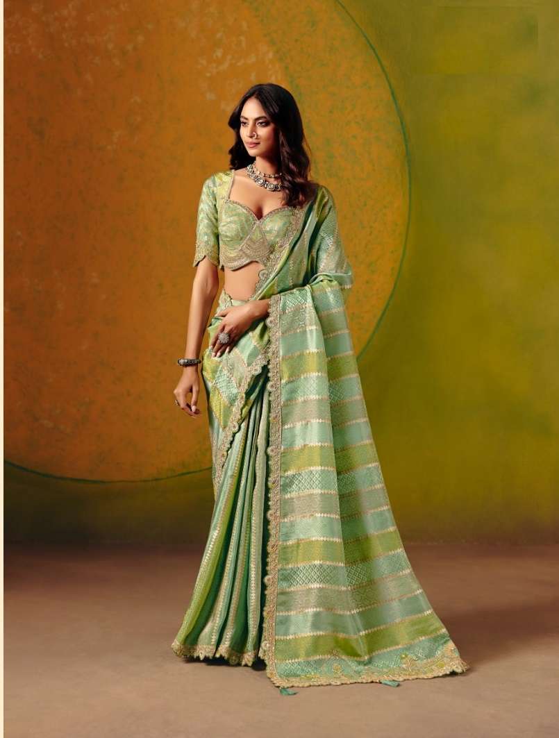 DESIGNER WEDDING PARTY WEAR GREEN SILK SAREE WITH THREAD SEQUENCE WORK COLLECTION SM TATHASTU 8403