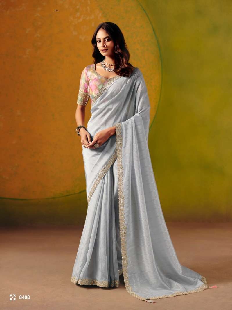 DESIGNER WEDDING PARTY WEAR GREY SILK SAREE WITH THREAD SEQUENCE WORK COLLECTION SM TATHASTU 8408
