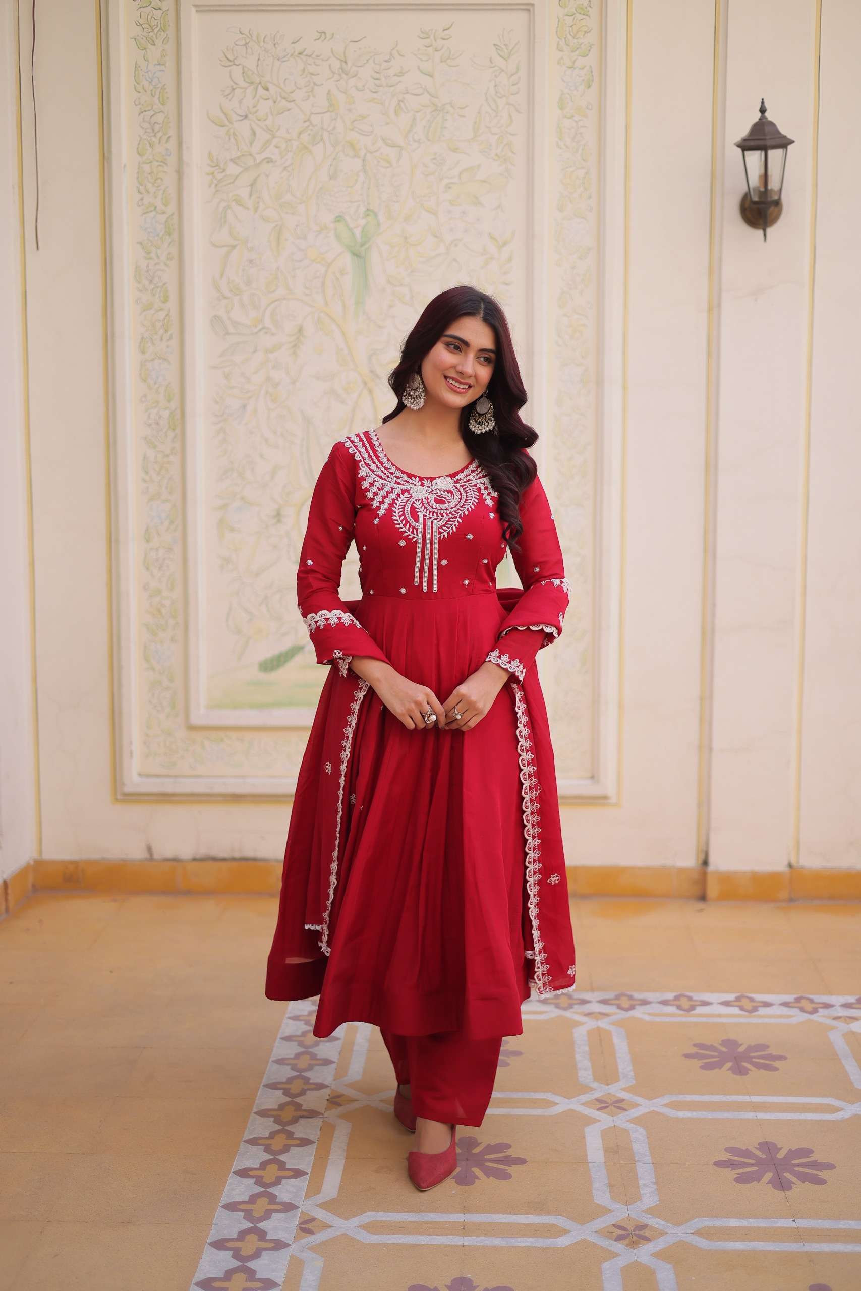 DESIGNER WEDDING PARTY WEAR MAL CHANDERI SILK RED ANARKALI GOWN SALWAR SUIT KU 1246