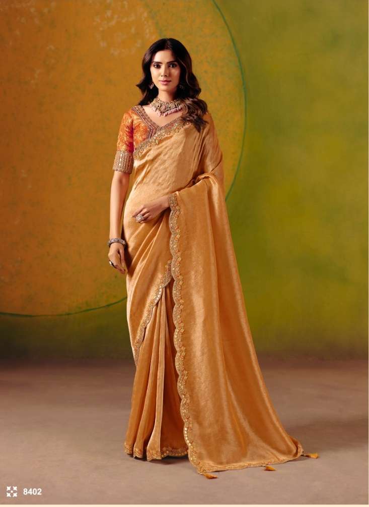 DESIGNER WEDDING PARTY WEAR ORANGE SILK SAREE WITH THREAD SEQUENCE WORK COLLECTION SM TATHASTU 8402
