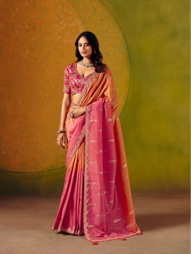 DESIGNER WEDDING PARTY WEAR PINK IRANGE SILK SAREE WITH THREAD SEQUENCE WORK COLLECTION SM TATHASTU 8406