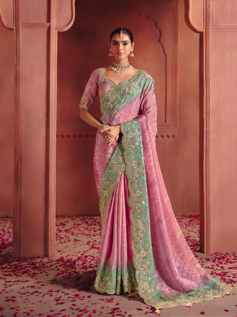 DESIGNER WEDDING PARTY WEAR PINK SILK SAREE WITH THREAD SEQUENCE WORK COLLECTION SM TATHASTU 8309