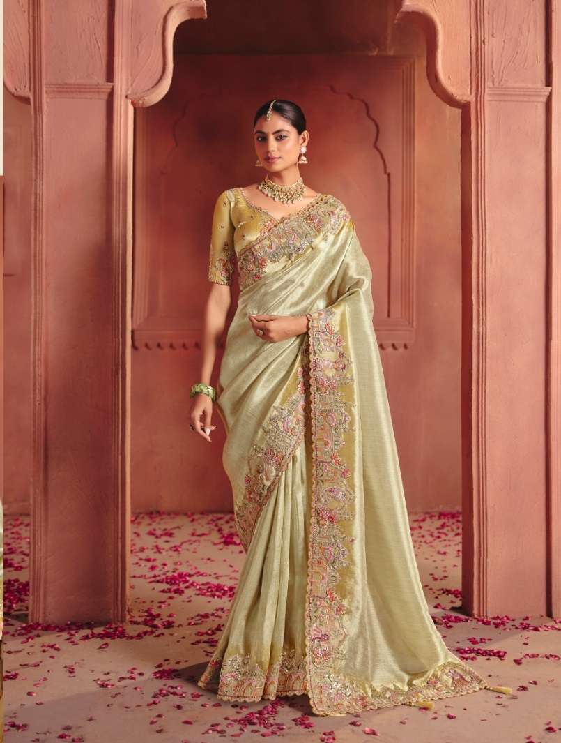 DESIGNER WEDDING PARTY WEAR PISTA SILK SAREE WITH THREAD SEQUENCE WORK COLLECTION SM TATHASTU 8306