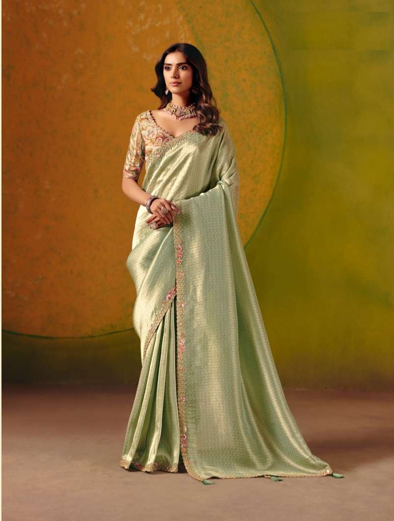 DESIGNER WEDDING PARTY WEAR PISTA SILK SAREE WITH THREAD SEQUENCE WORK COLLECTION SM TATHASTU 8405