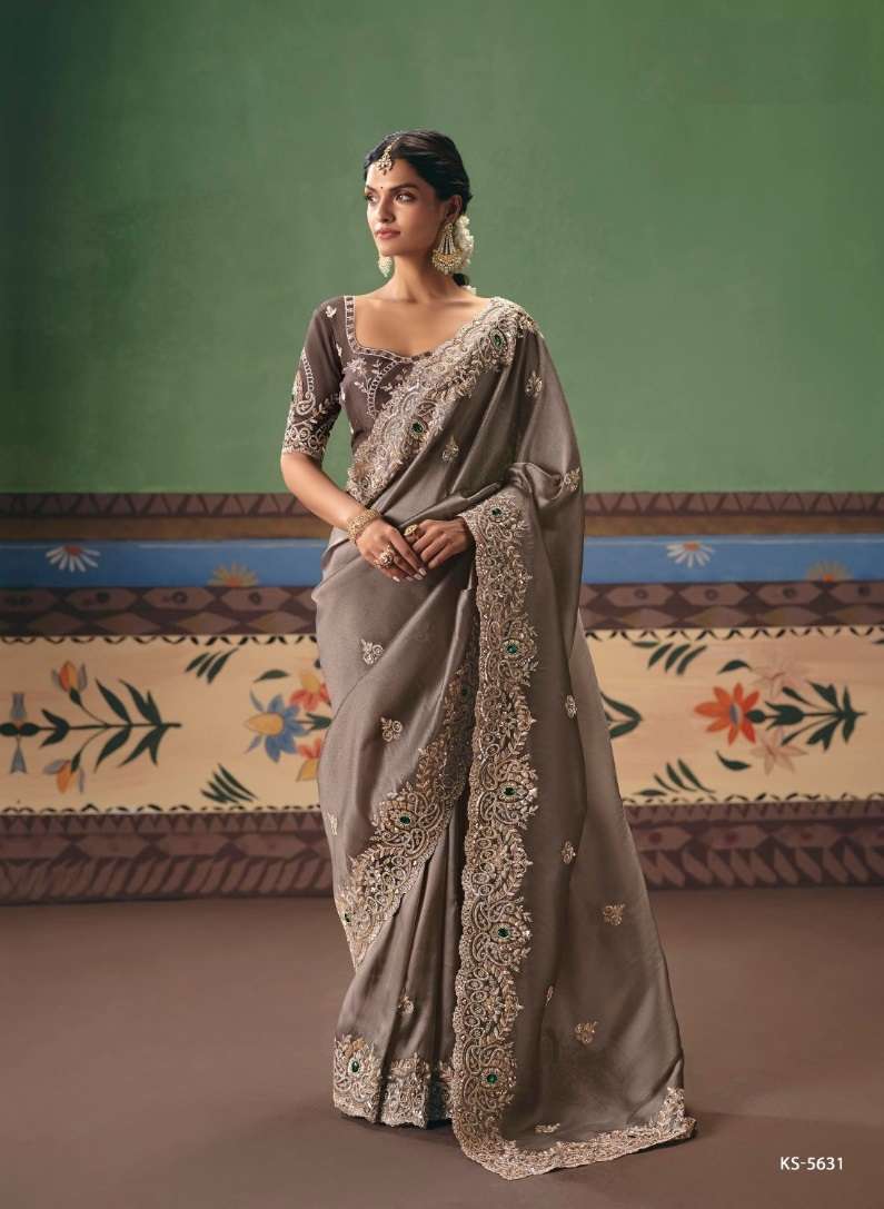 DESIGNER WEDDING PARTY WEAR PREMIUM BROWN SILK SAREE WITH THREAD SEQUENCE WORK COLLECTION SM KIM 5631
