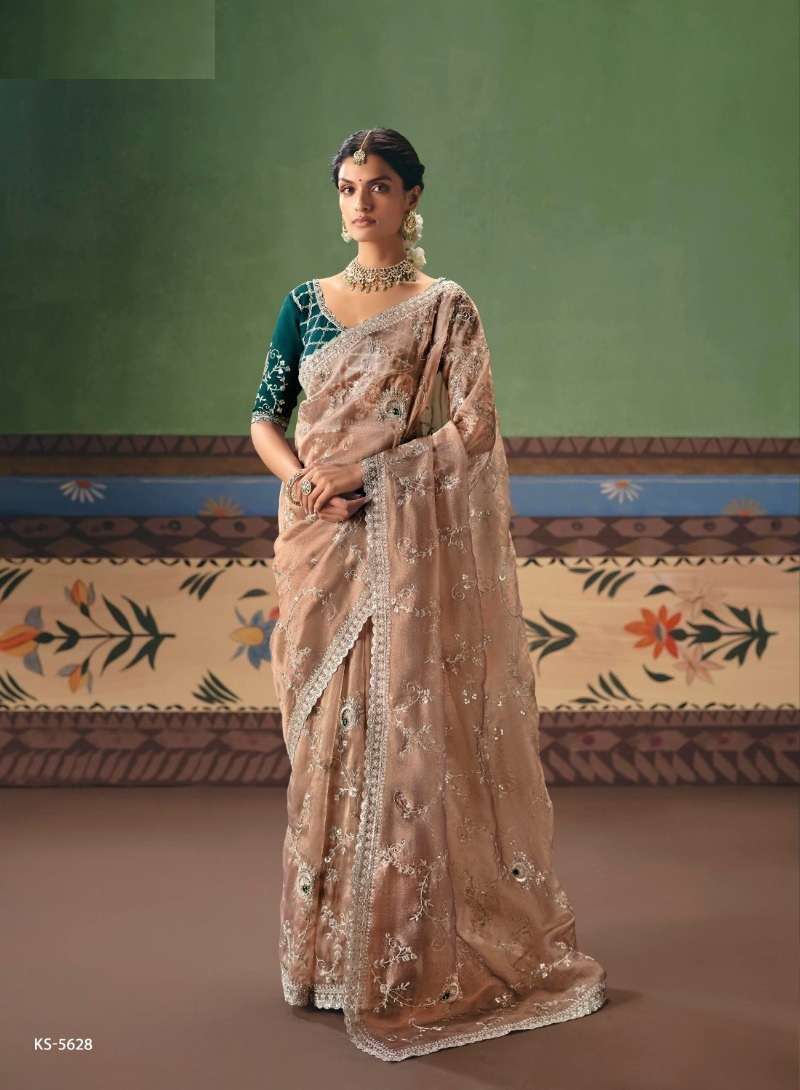 DESIGNER WEDDING PARTY WEAR PREMIUM CHIKU SILK SAREE WITH THREAD SEQUENCE WORK COLLECTION SM KIM 5628