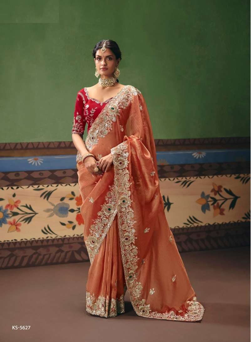DESIGNER WEDDING PARTY WEAR PREMIUM ORANGE SILK SAREE WITH THREAD SEQUENCE WORK COLLECTION SM KIM 5627
