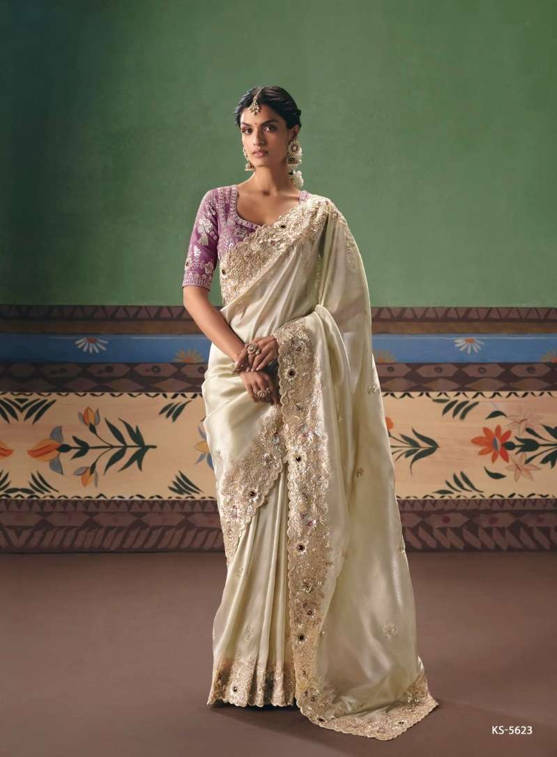 DESIGNER WEDDING PARTY WEAR PREMIUM SILK BEIGE SAREE WITH THREAD SEQUENCE WORK COLLECTION SM KIM 5623