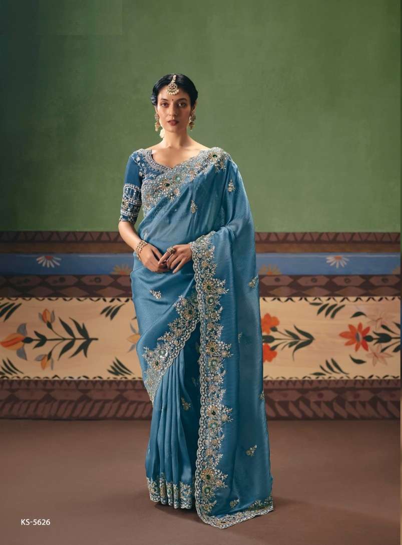 DESIGNER WEDDING PARTY WEAR PREMIUM SILK BLUE SAREE WITH THREAD SEQUENCE WORK COLLECTION SM KIM 5626