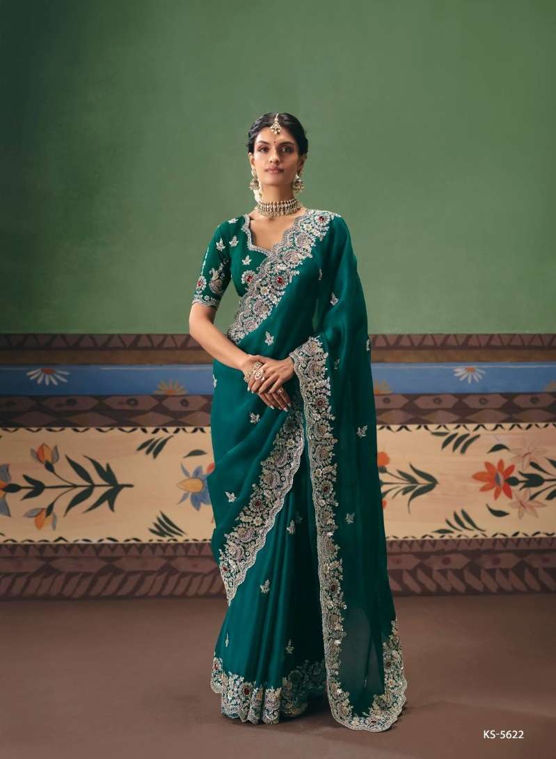 DESIGNER WEDDING PARTY WEAR PREMIUM SILK GREEN SAREE WITH THREAD SEQUENCE WORK COLLECTION SM KIM 5622