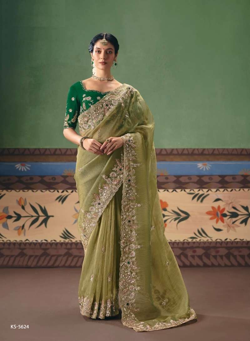 DESIGNER WEDDING PARTY WEAR PREMIUM SILK GREEN SAREE WITH THREAD SEQUENCE WORK COLLECTION SM KIM 5624