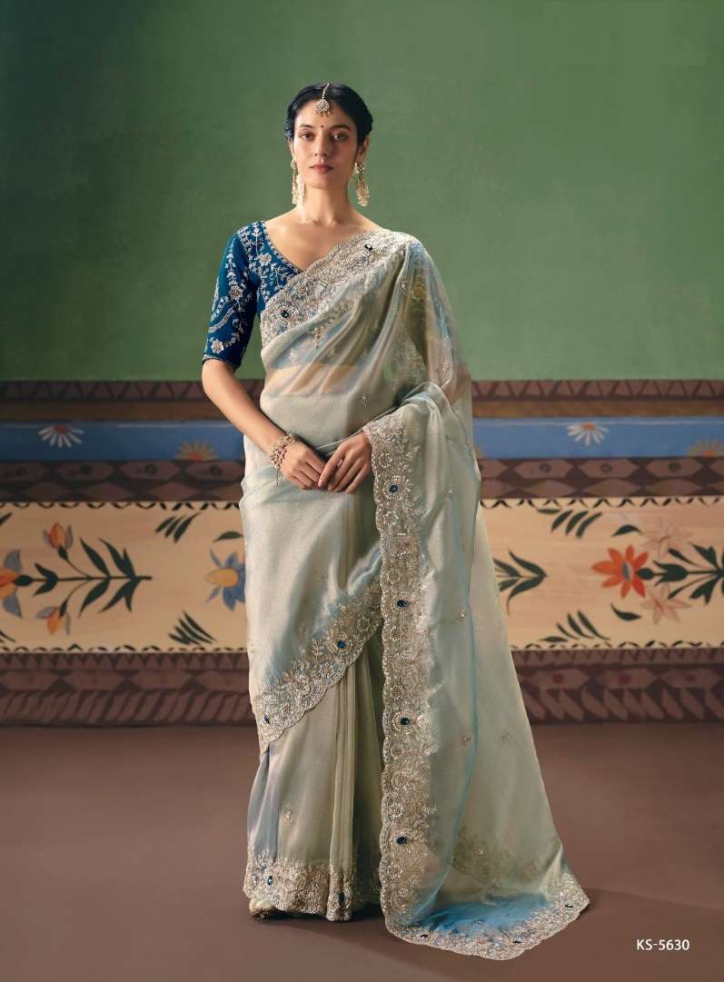 DESIGNER WEDDING PARTY WEAR PREMIUM SILK GREY BLUESAREE WITH THREAD SEQUENCE WORK COLLECTION SM KIM 5630