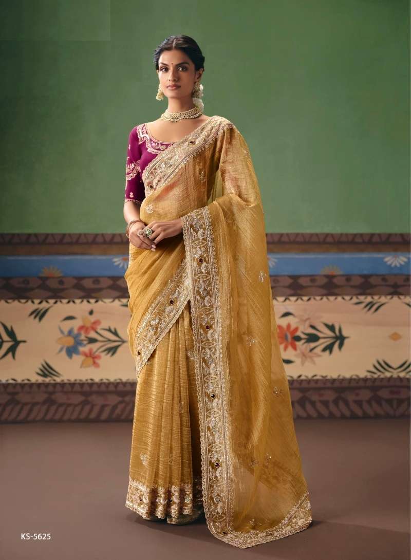 DESIGNER WEDDING PARTY WEAR PREMIUM SILK YELLOW SAREE WITH THREAD SEQUENCE WORK COLLECTION SM KIM 5625