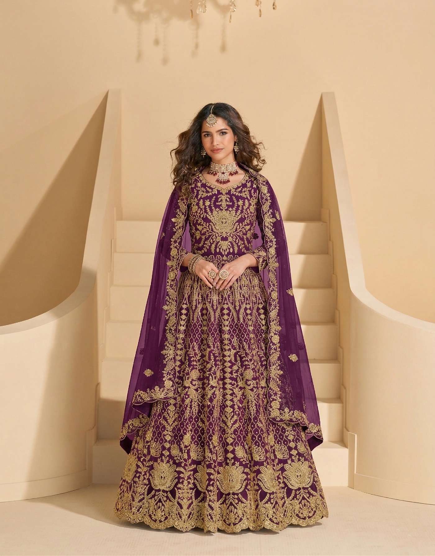 DESIGNER WEDDING PARTY WEAR PURPLE ANARKALI SALWAR SUIT LONG GOWN IN BUTTERFLY NET SN 1094 C