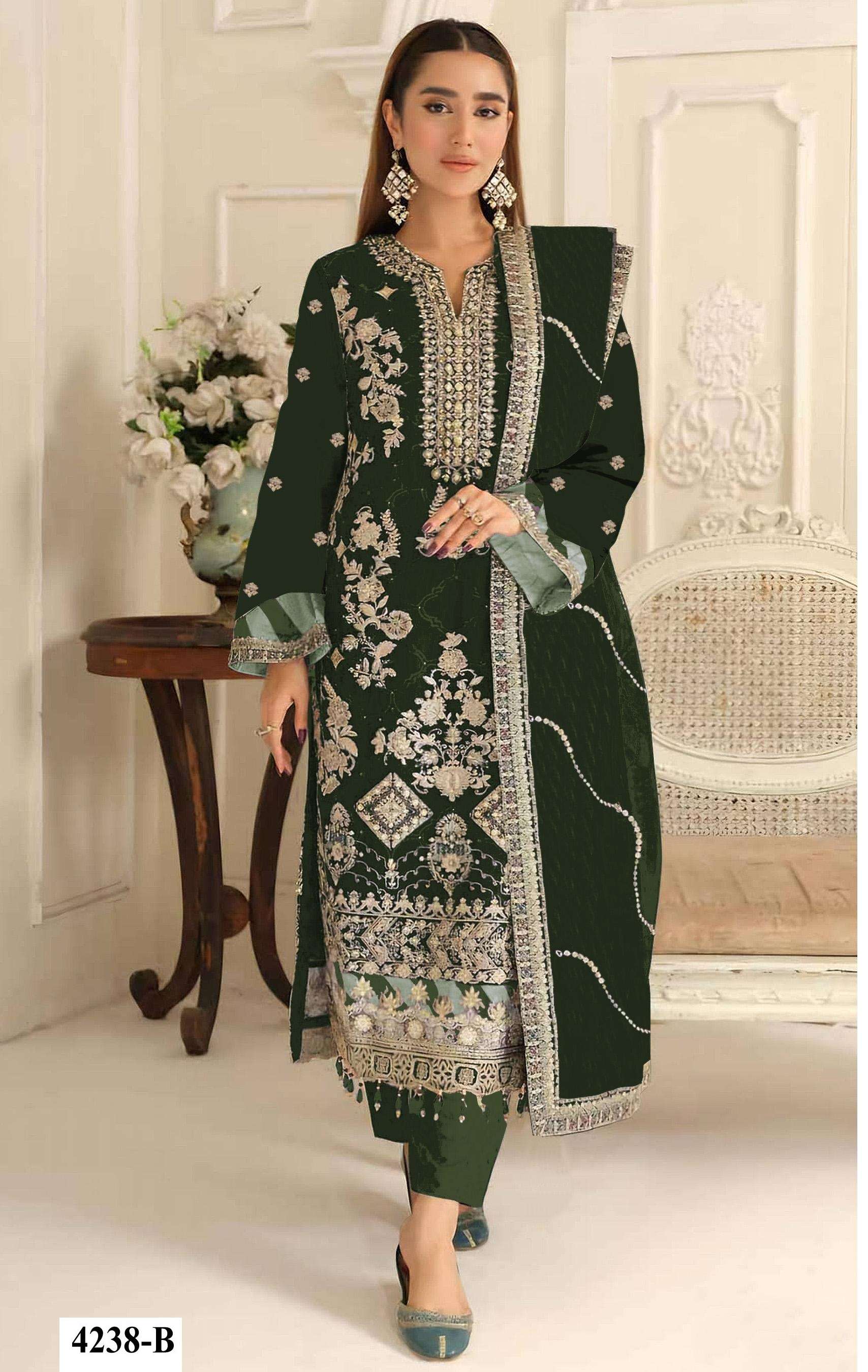 DESIGNER WEDDING PARTY WEAR RANGOLI CRUSH GREEN PAKISTANI SALWAR SUIT JG 4238 B