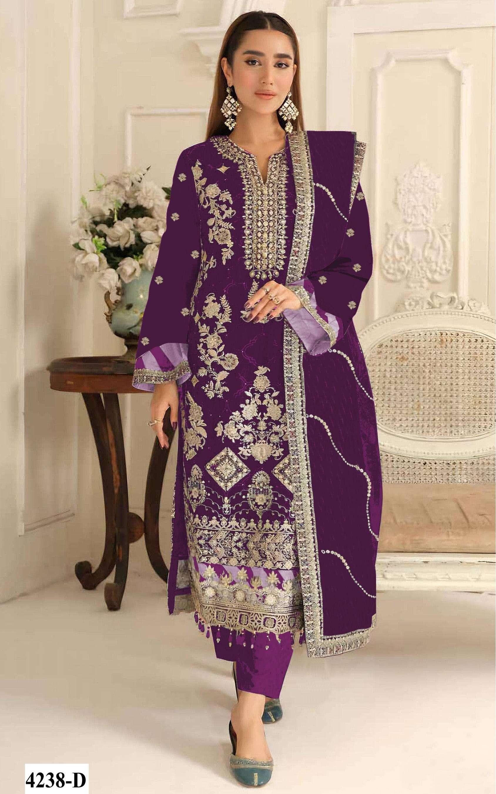 DESIGNER WEDDING PARTY WEAR RANGOLI CRUSH PURPLE PAKISTANI SALWAR SUIT JG 4238 D