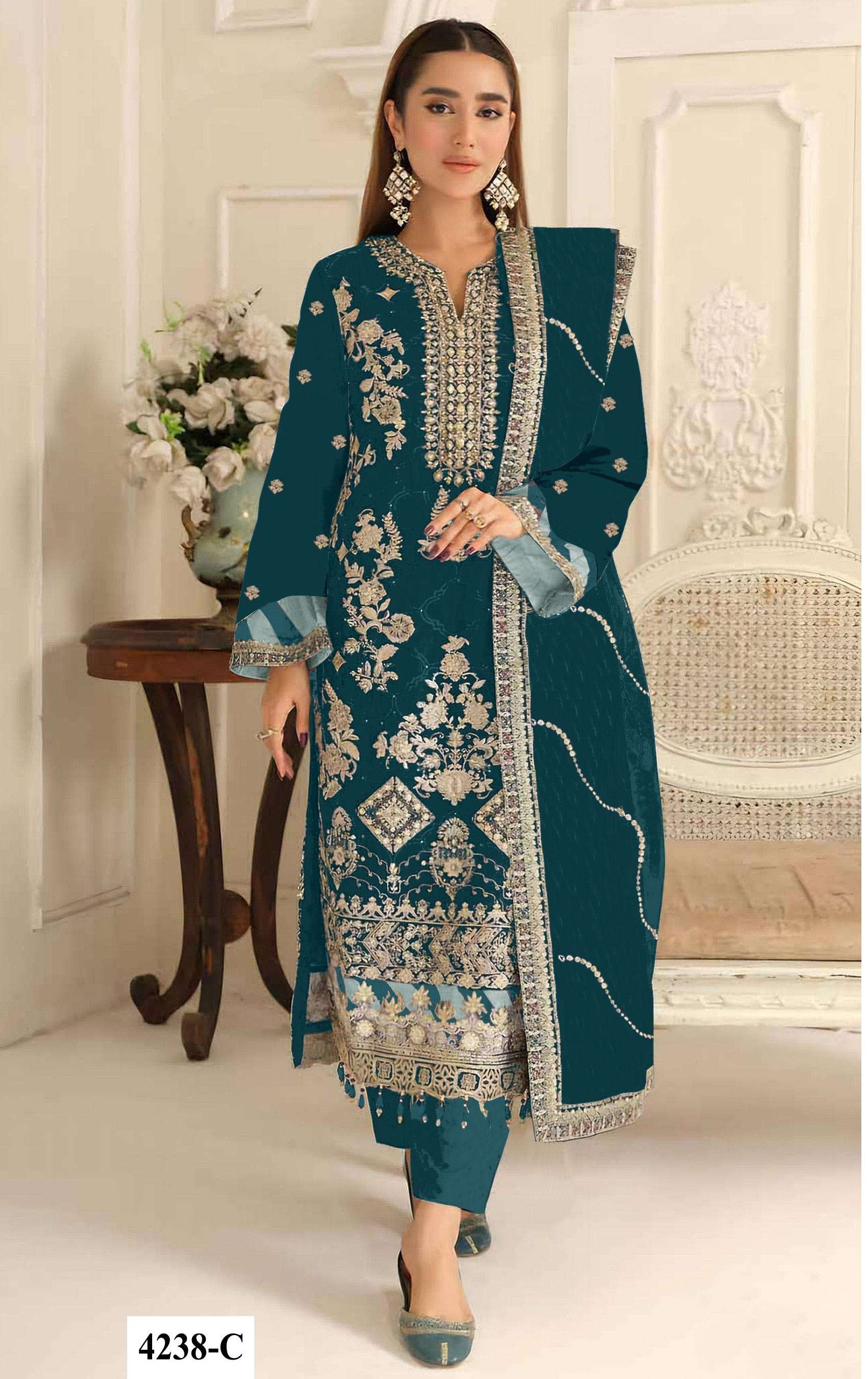 DESIGNER WEDDING PARTY WEAR RANGOLI CRUSH TEAL BLUE PAKISTANI SALWAR SUIT JG 4238 C