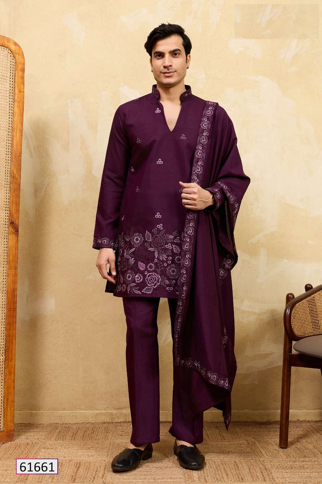 DESIGNER WEDDING PARTY WEAR READYMADE INDIAN MENS VISCOSE SILK MAROON KURTA PANT DUPATTA KF 61661