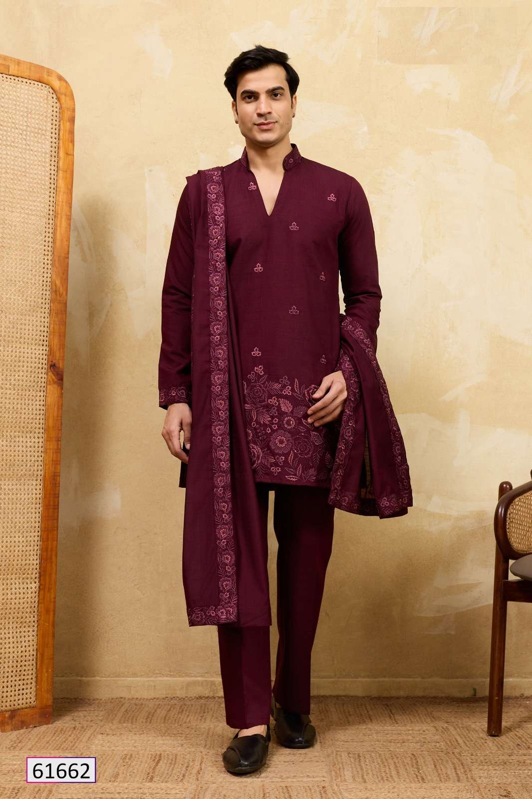 DESIGNER WEDDING PARTY WEAR READYMADE INDIAN MENS VISCOSE SILK PURPLE KURTA PANT DUPATTA KF 61662