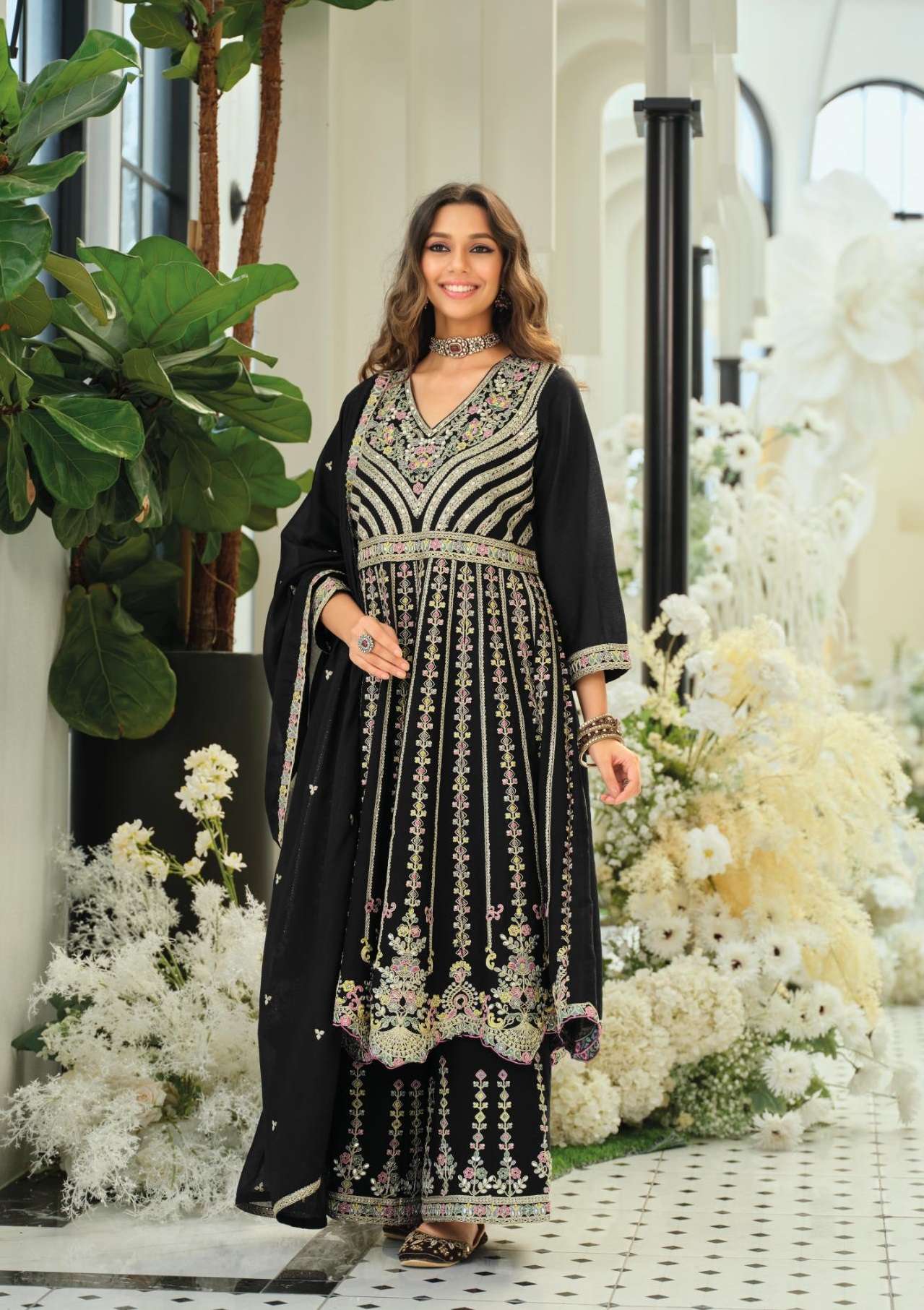 DESIGNER WEDDING PARTY WEAR REAL CHINON BLACK PALAZZO SHARARA SALWAR SUIT RH EB 2718