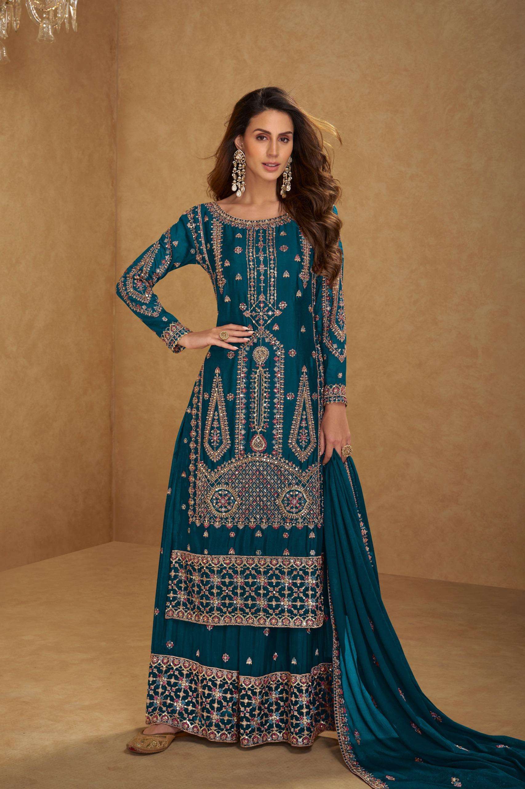 DESIGNER WEDDING PARTY WEAR REAL CHINON BLUE PALAZZO SHARARA SALWAR SUIT GL HIRNI 7650 B