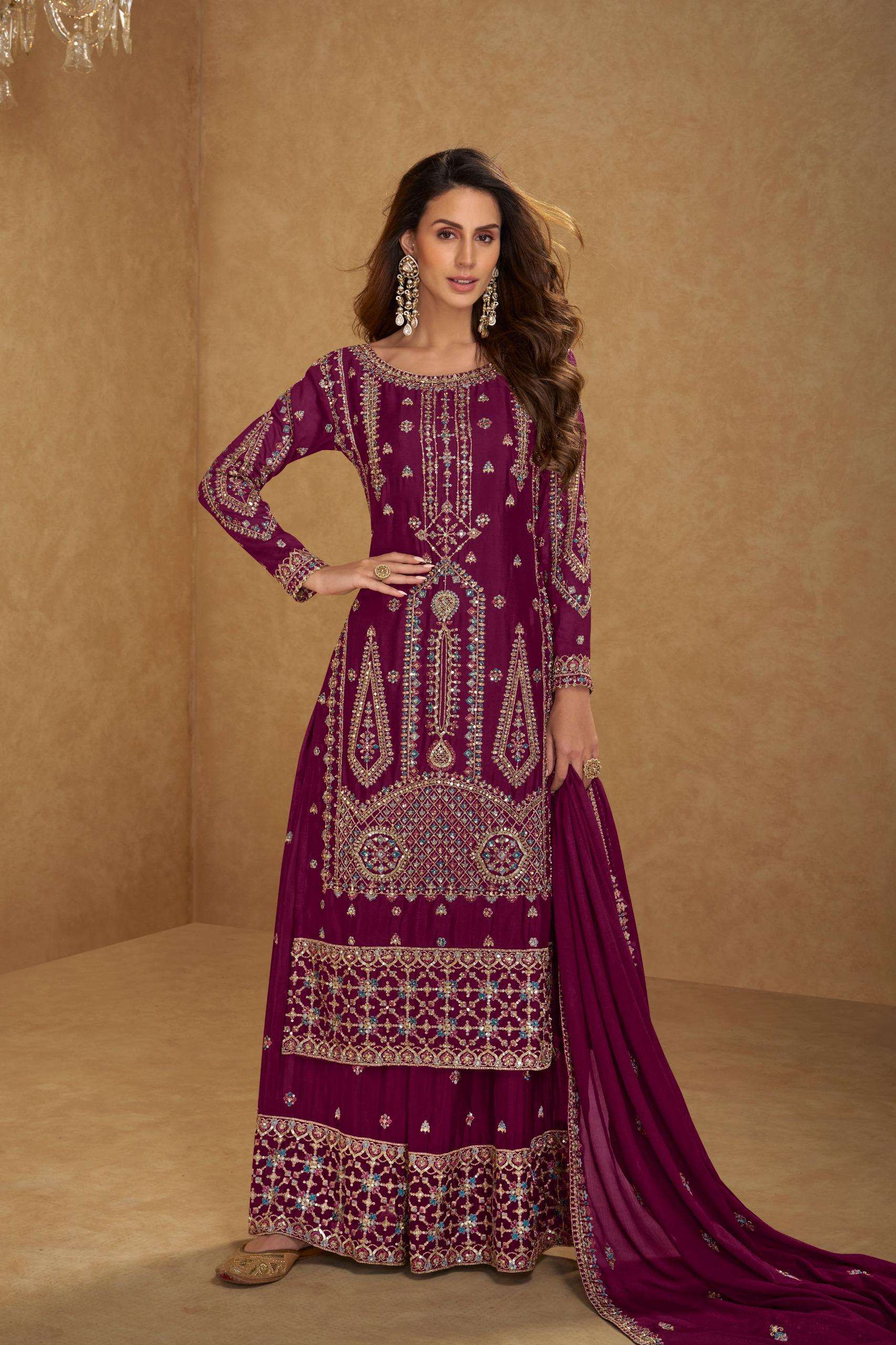 DESIGNER WEDDING PARTY WEAR REAL CHINON MAGENTA PALAZZO SHARARA SALWAR SUIT GL HIRNI 7650 C