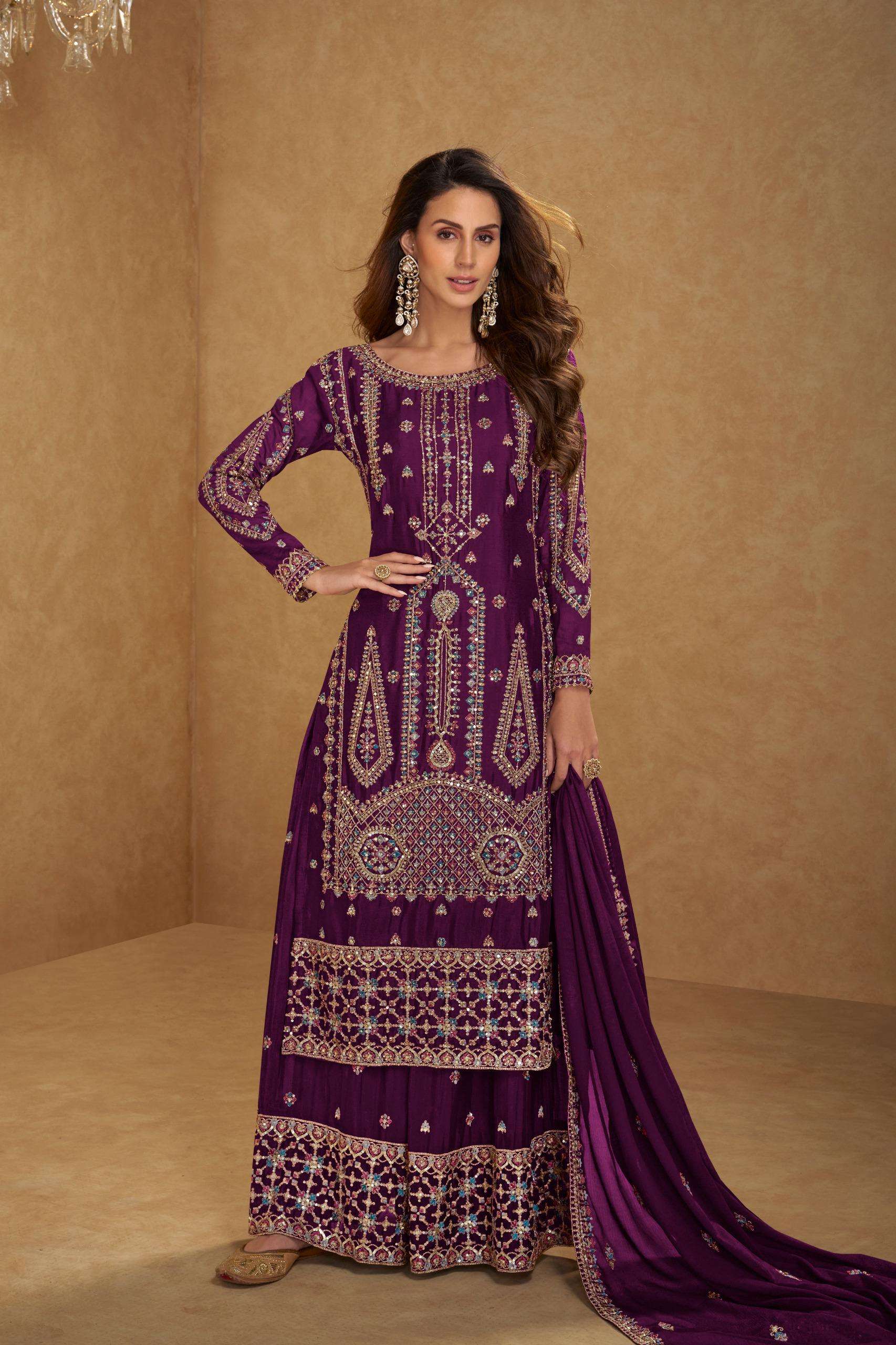 DESIGNER WEDDING PARTY WEAR REAL CHINON PURPLE PALAZZO SHARARA SALWAR SUIT GL HIRNI 7650 A