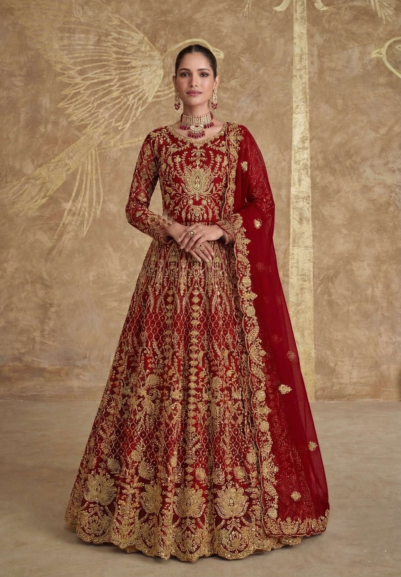 DESIGNER WEDDING PARTY WEAR RED ANARKALI SALWAR SUIT LONG GOWN IN BUTTERFLY NET SN 1094 A