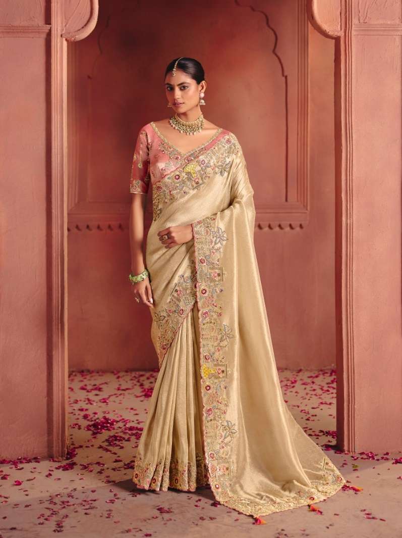 DESIGNER WEDDING PARTY WEAR SILK BEIGE SAREE WITH THREAD SEQUENCE WORK COLLECTION SM TATHASTU 8301