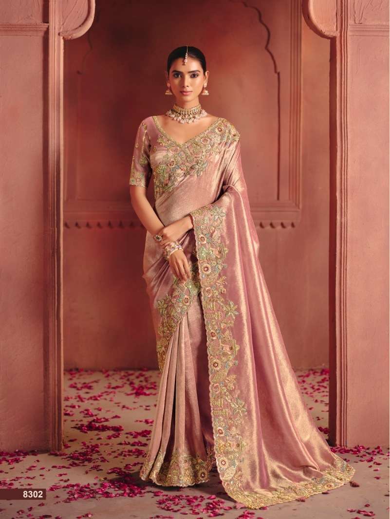 DESIGNER WEDDING PARTY WEAR SILK PEACH SAREE WITH THREAD SEQUENCE WORK COLLECTION SM TATHASTU 8302
