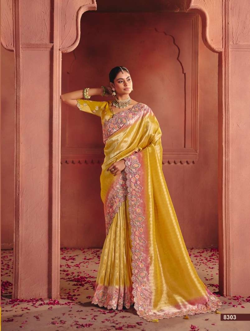 DESIGNER WEDDING PARTY WEAR SILK YELLOW SAREE WITH THREAD SEQUENCE WORK COLLECTION SM TATHASTU 8303